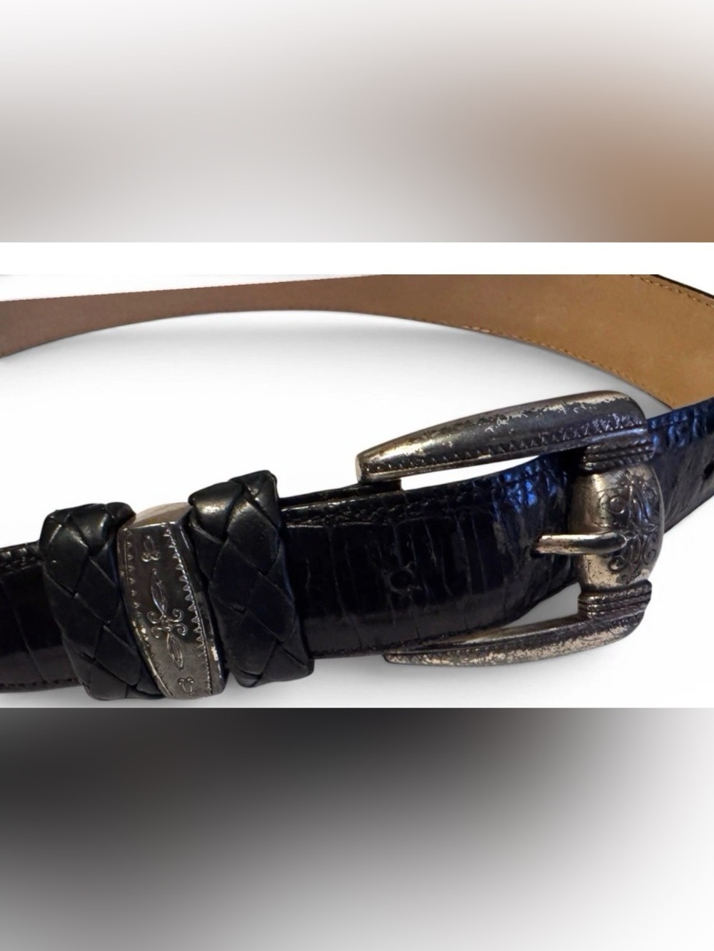 Brighton Womens Leather Belt 24703 M 1.25” Wide Black Crocodile Silver Buckle